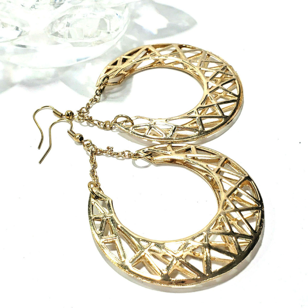 Large Gold Tone Open Work Hoop Earrings - Picture 3 of 7